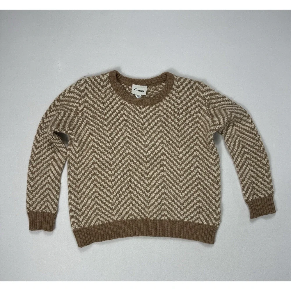 Ganni Anthropologie Candy Floss Herringbone Sweater Medium Brown Wool Angora